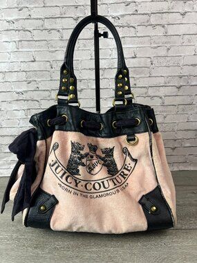 Vintage Y2K Juicy Couture Scottie Dog Pink Black Velour Daydreamer Bag Purse